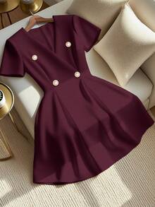 GlowEve CURVE 大码女士优雅白色交叉系带双排扣迷你连衣裙，夏季 - 紫色 - 查看 1