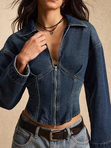 Easelle 女士纯色复古落肩长袖修身拉链牛仔上衣 - 深色水洗藍 - 查看 4