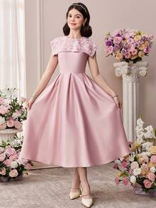 Pitira 少女缎面网纱拼接珠绣领A字连衣裙，适合晚宴、婚礼等场合 - 藕粉色 - 查看 4