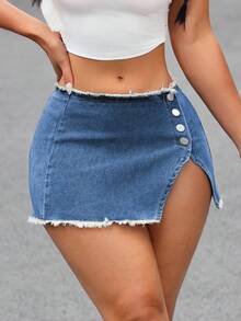 SHEIN EZwear 女士毛边单排扣侧开衩时尚性感牛仔迷你裙 - 藍色 - 查看 3