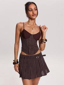 SHEIN BAE 女士无袖条纹弧形下摆修身吊带衫 - 棕色 - 查看 6