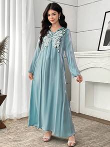 SHEIN Teen Girl Iridescent Sequin Butterfly Beaded Embroidered Casual Dress Sequin Butterfly Dress Long Modest Dresses For Girls Teenager Dress Abaya - Blue - View 6