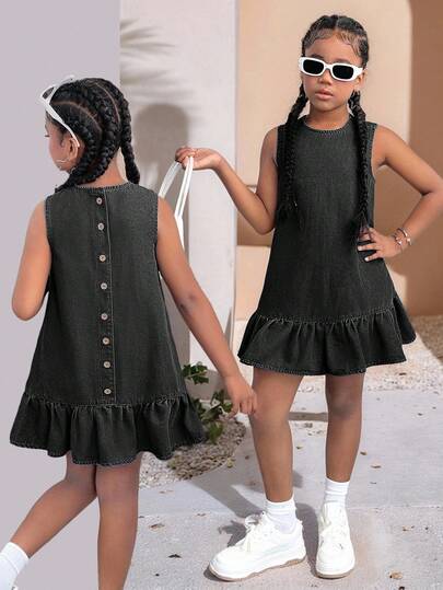 SHEIN Vestido vaquero sin mangas para niñas preadolescentes, con botones en la espalda, espalda abierta y volantes en el bajo, adecuado para uso diario, viajes, al aire libre, brunch, fiestas de té, ir al trabajo, aeropuerto, ropa de otoño para niñas, ropa de vuelta al colegio, atuendo para conciertos country
