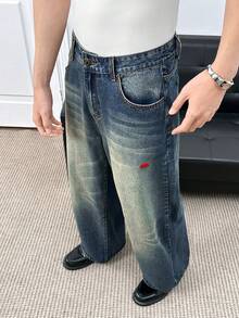 ESTAVOR Quần jeans ống rộng dáng suông màu đỏ thêu hình gấu Bắc Cực dành cho nam giới, thích hợp mặc hàng ngày trên đường phố. - Màu xanh lam - Xem 4