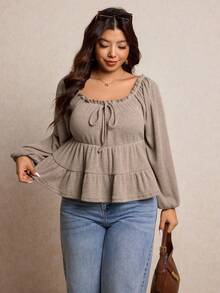 Elaquor Áo thun dài tay cỡ lớn dành cho nữ, cổ bèo nhún, phối nhiều mảnh, màu mơ, kiểu dáng thường ngày đa năng. - Màu be - Xem 4