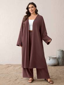 SHEIN Essnce Ensemble deux pièces grande taille pour femmes, composé d'un cardigan long texturé ample et confortable pour l'automne/hiver et d'un pantalon ample. Ensemble conservateur, ensemble de pantalon, jalabiya, tenue de printemps pour femmes, ensembles casual pour femmes - Kaki - Voir 7