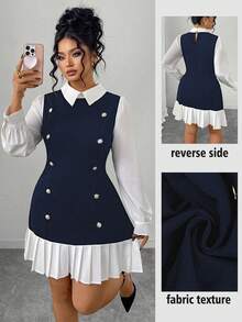 SHEIN Elenzya 大码女式黑白提花领长袖纽扣装饰褶裥短款修身优雅通勤T恤裙 - 藏蓝色 - 查看 1