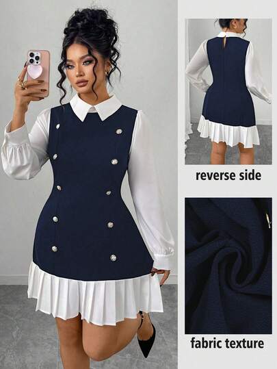 Elenzga Plus Size Women's Black & White Jacquard Collar Long Sleeve Button Decor Pleated Short Fitted Elegant Commuter T-Shirt Dress