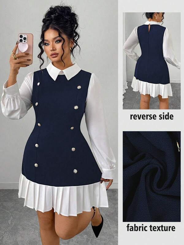 Elenzga Plus Size Women's Black & White Jacquard Collar Long Sleeve Button Decor Pleated Short Fitted Elegant Commuter T-Shirt Dress