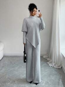 Elenzga 女士柔软针织不对称下摆优雅休闲T恤和裤子两件套 - 灰色 - 查看 1