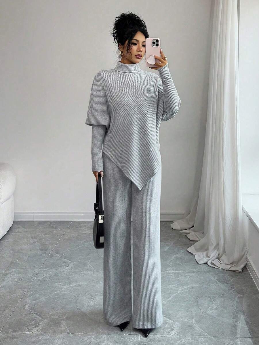 Elenzga 女士柔软针织不对称下摆优雅休闲T恤和裤子两件套 - 灰色 - 查看 1