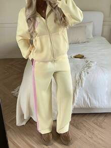 CovetEZ 2026秋冬新款女装两件套：黄色休闲家居甜美运动撞色粉色字母刺绣图案刺绣拉链长袖保暖连帽卫衣和宽松长裤，舒适、百搭、时尚、青春活泼的黄色两件套 - 黃色 - 查看 6