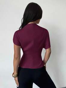 Firerie Crinkle Collar Asymmetrical Sleeve Side Ruched Cinched Waist Commuter Apricot Bamboo Linen Fabric Women Shirt, All Season - Red Violet - View 7