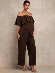 MaterniChic Maternity Clothes Maternity Solid Color Patchwork Ruffle Off Shoulder Jumpsuit Elegant - Brown - View 7