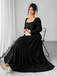 Elenzga Plus Size Women Solid Color Single-Breasted Long Sleeve T-Shirt And Midi Skirt Elegant 2-Piece Set Black Dresses For Women,Autumn Dinner Long Dress - Black - View 7