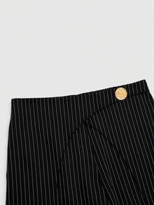 DreamSkyne Plus Size Women Striped Overlap Waist Exaggerated Metal Buckle Decor Elastic Waist Loose Wide Leg Pants, Casual Versatile Design For Daily Wear And Commuting Stripe Pants Palazzo Pants Women - Black - View 3