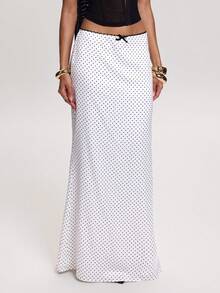 SHEIN BAE Chân váy đuôi cá chấm bi đen trắng thanh lịch dành cho nữ mùa Xuân/Hè với chi tiết nơ. Chân váy chấm bi thanh lịch, chân váy đuôi cá, chân váy satin trắng, chân váy họa tiết chấm bi, chân váy đa năng cho Ngày Valentine, đi làm, mặc thường ngày, trang phục thời trang. Chân váy hẹn hò thanh lịch, chân váy hẹn hò lãng mạn, chân váy dự tiệc cocktail, chân váy hẹn hò Valentine. - trắng - Xem 4