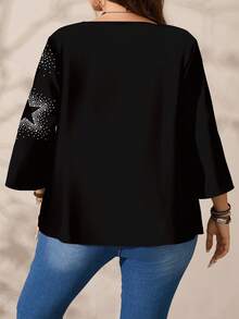 EMERY ROSE 大码女式休闲星形波点印花宽松圆领七分袖衬衫，黑色 - 彩色 - 查看 5