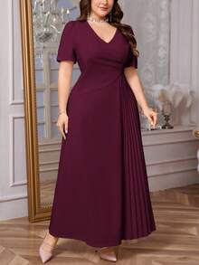 Firerie 大码女式舒适休闲优雅褶皱宽松弹力短袖连衣裙，适合约会、派对、春夏飘逸连衣裙、女士正式礼服 - 紫色 - 查看 11