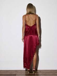 MUSERA Asymmetric Lace Trim Low V-Back Satin Mini Dress Occasion Going Out Sexy Casual Night Out Cute Date Night Cosy Elegant Valentines Day - Burgundy - View 5