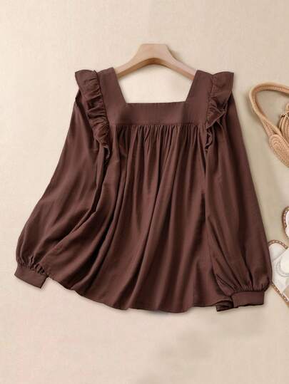 SHEIN Essnce Plus-Size Women's Autumn/Winter Fashionable Casual Loose Comfortable Everyday Versatile Slimming Ruffled Square Neck Brown Long-Sleeved Shirt,Fall Outfits,Women Blouse,Work Tops