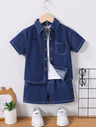 SHEIN Young Boy Single-Breasted Pocket Shirt And Shorts Casual Denim Outfit Royal Blue Button Up Kids Outfit Kids Denim Sets