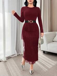 Modelyn Elegant Tassel Decor Solid Color Round Neck Long Sleeve Fitted Dress For Women Maroon Dress Fringe Dress Red Wine Dress Long Sleeve Elegant Dress - Burgundy - View 3