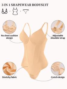 SHEIN 一件装女士无缝塑身衣，双层压缩束腰带，舒适日常穿着，按扣闭合 - 杏色 - 查看 3