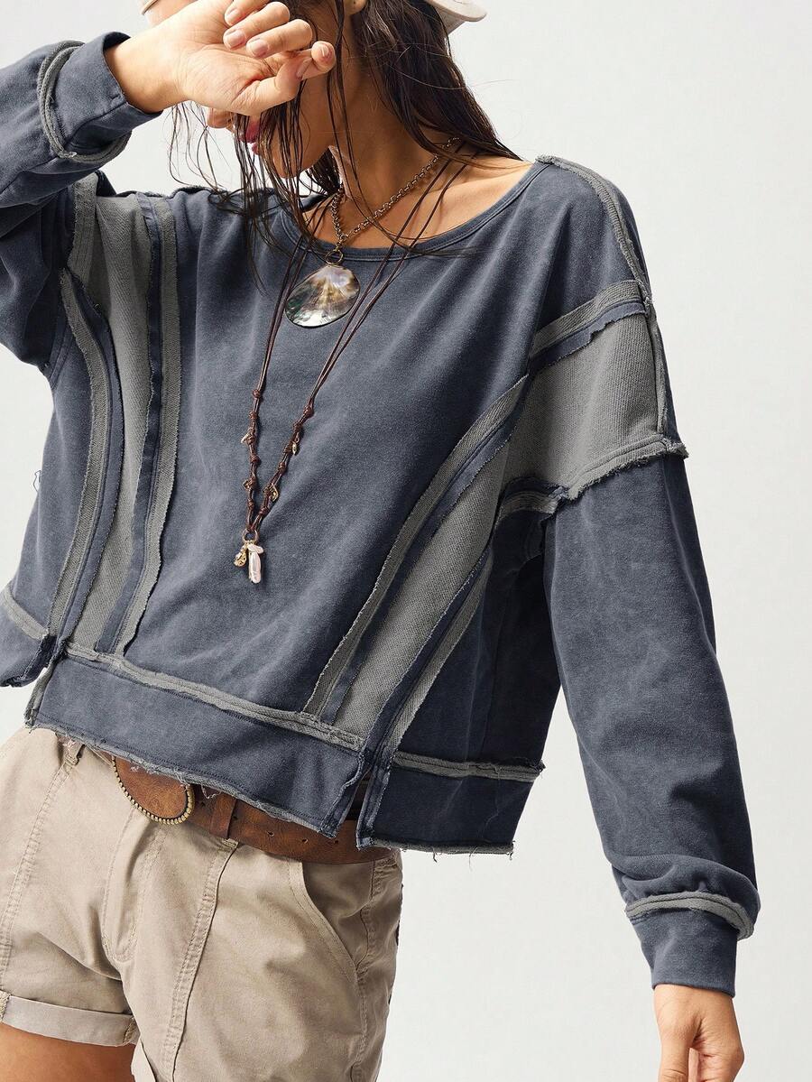 Bohemela Sweatshirt Wanita Lengan Panjang Berkerudung Longgar Model Crop Warna Polos Gaya BOHO Kasual untuk Musim Gugur/Dingin - Grey - View 1