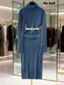 SHEIN Franclia 新款秋冬欧美休闲高领修身中长针织毛衣连衣裙 - 霧霾藍 - 查看 7