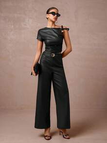 Lumalex Women's High Waist Straight Leg Pants With Faux Leather Belt - Black - View 6