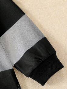 SHEIN Young Boys Striped Contrast Collar Knit Casual Loose Retro American Style Long Sleeve Polo Shirt, Suitable For School And Daily Wear Striped Long Sleeve Shirt Kids Boy Collared Shirt Boy Stripe Outfit - Black - View 3