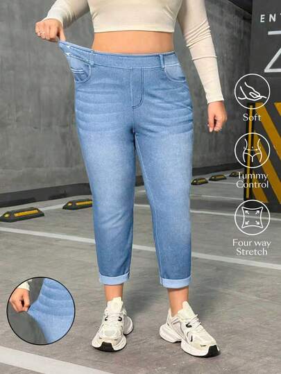 Flexra Plus Size Women Knitted Casual Straight Leg Jeans