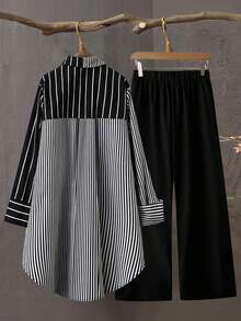 Linhara 大码女式经典黑白条纹不对称下摆长袖宽松休闲时尚衬衫和配套纯色直筒裤两件套，Regalyn 简约通勤工作日常百搭款 - 黑與白 - 查看 2