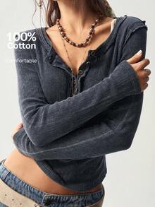 Bohemela Áo thun dệt kim dài tay cài nút cổ điển giặt thường ngày dành cho nữ - Màu xám đen - Xem 9