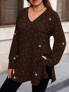 EMERY ROSE Camiseta casual y cómoda de manga larga con cuello en V, botones decorativos y estampado de salpicaduras de polvo de unicolor y acanalado para mujer de talla grande - Marrón Mocha - Ver 3