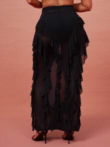 Vixey Falda midi ajustada de cintura alta con detalle de volantes de malla transparente - Negro - Ver 5