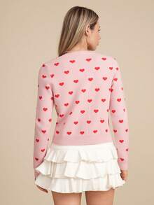 WESTFADE 圆领纽扣前开心形提花宽松版型开衫毛衣 - 粉色 - 查看 5