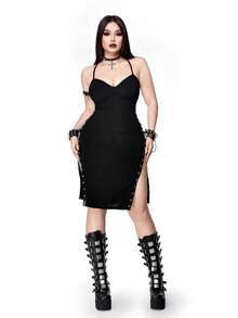 Whyspr Đầm gợi cảm cỡ lớn phong cách Punk tối màu với dây đeo mảnh. - màu đen - Xem 6
