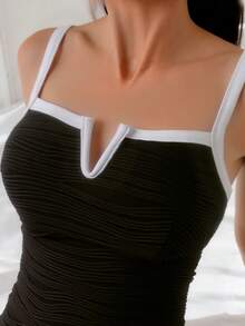 Swim Lushoire 女士纯色纹理面料撞色吊带比基尼两件套，沙滩度假 - 黑與白 - 查看 5