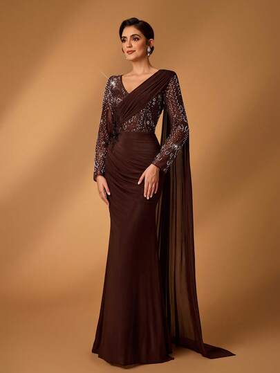 Serin Elegant Luxurious Coffee-Color Heavy-Embroidered Beaded Sequin Fabric Patchwork Elastic Knit Mesh Sheer Sleeve Mermaid Ruched Flounce Dress, Suitable For Wedding, Party, Holiday, Bridal, Mother Of The Bride Evening Gown