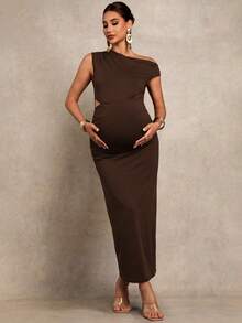 MaterniChic 孕妇纯色不对称无袖镂空褶皱修身连衣裙 - 棕色 - 查看 8