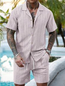 Manfinity RSRT Bộ 2 món gồm áo sơ mi cài cúc khoét lỗ và quần short nam màu trơn, trang phục thường ngày thoải mái cho chồng, thích hợp cho kỳ nghỉ, bãi biển, hoạt động thường nhật và mùa hè. - Màu Xám nhạt - Xem 5