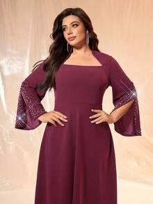 SHEIN Belle 情人节大码高端红色晚礼服，镶嵌水钻的优雅派对礼服，奢华迷人的婚礼宾客礼服，适合贵妇音乐节春夏礼服 - 中紫紅色 - 查看 8