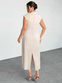 Firerie 大码女士纯色立领褶裥修身优雅连衣裙 - 杏色 - 查看 2