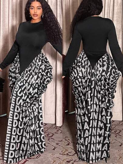 Veslaya Plus Size Elegant Party Letter Print Patchwork Dress, Suitable For Autumn, Spring & Winter Plus Size 2 Piece Sets 2 Piece Maxi Skirt Set 2 Piece Sets Curvy Curve Pants Set Maweii Plus Size 2 Piece Valentine's Day Outfit