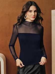 Anewsta 女士立领网眼拼接修身时尚约会之夜长袖T恤