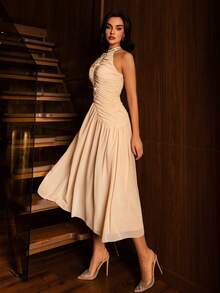 Modelyn 女士亮片拼接褶皱优雅吊带中长连衣裙 - 藕粉色 - 查看 4