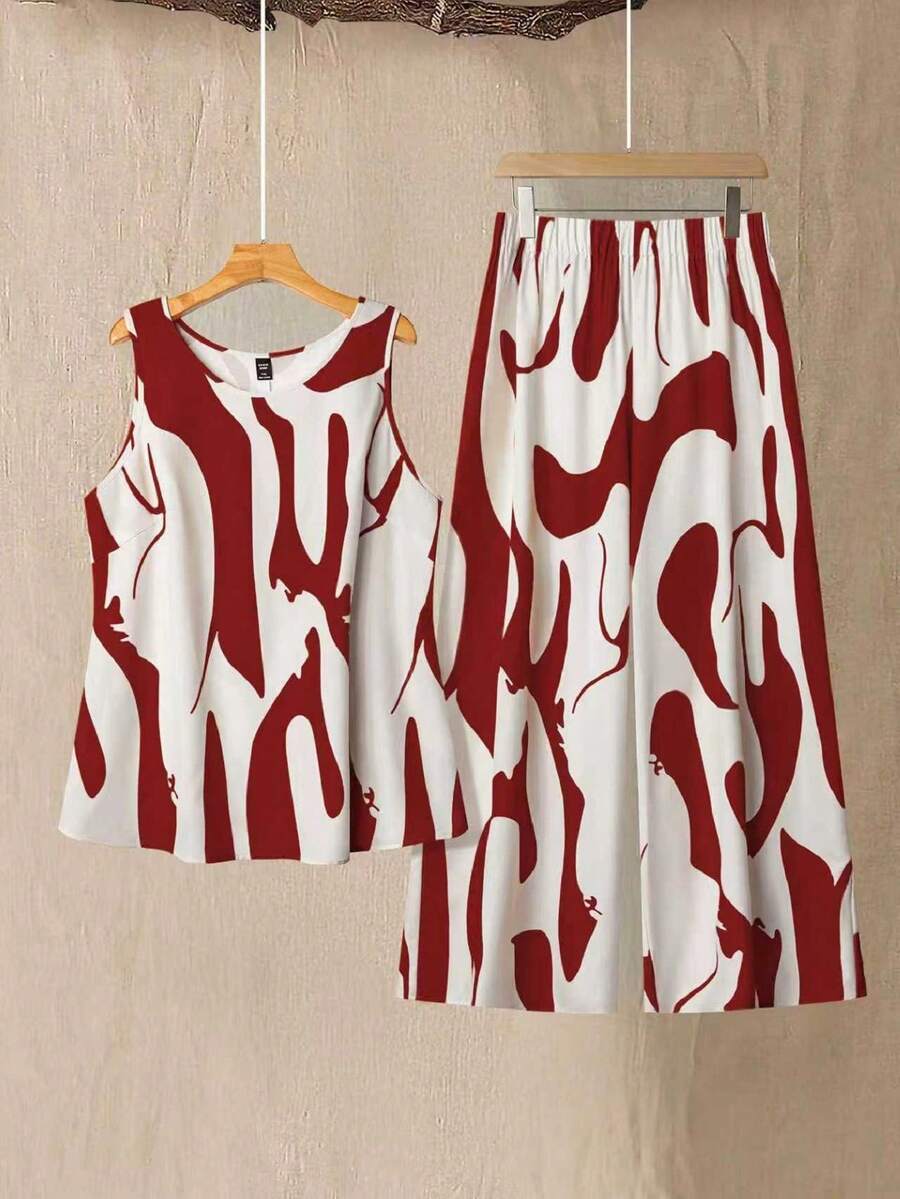 SHEIN Tall Elegant Commuting & Vacation Floral Fabric Round Neck Sleeveless Top And Elastic Waist Long Pants 2 Pieces Set, Orange, Plus Size Tall - Red - View 1