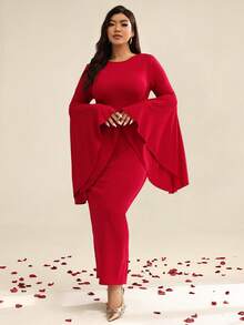 Auralis Đầm dài tay dáng ôm, cổ tròn, tay bồng rộng, co giãn, dành cho nữ, thích hợp cho mùa xuân, hè, thu, đông, thanh lịch, thường ngày, kiểu dáng mới, phù hợp cho kỳ nghỉ. - Đỏ - Xem 1